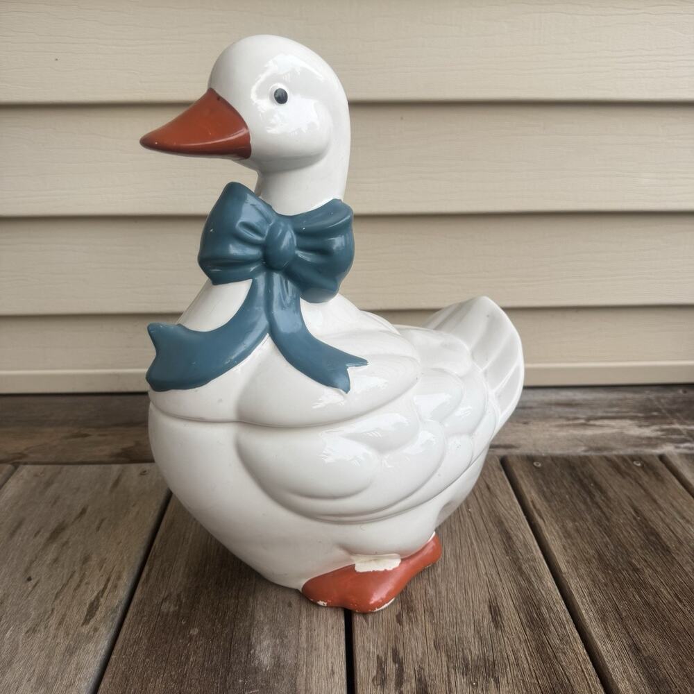 Vintage Mother Goose Ceramic Cookie Jar Blue Ribbon Bow Orange Feet Cottage Core